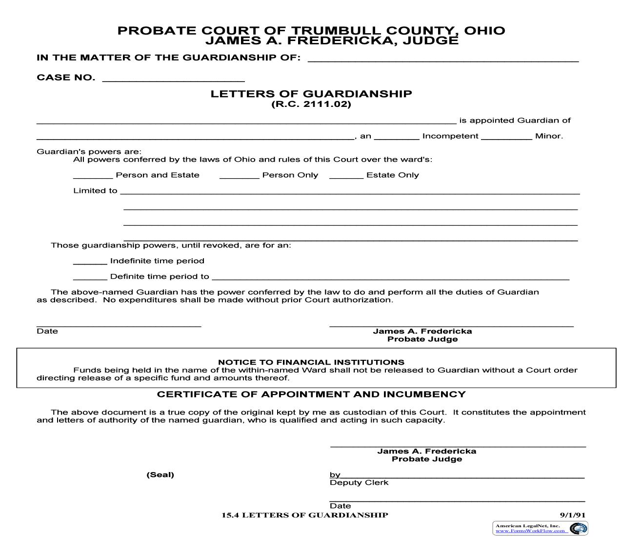 Letters Of Guardianship (Trumbull) {15.4} | Pdf Fpdf Doc Docx | Ohio