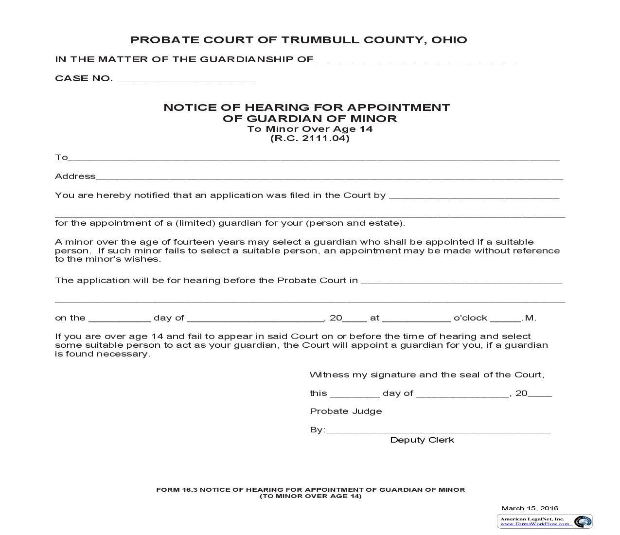 Notice Of Hearing For Appointment Of Guardian Of Minor (Trumbull) {16.3} | Pdf Fpdf Doc Docx | Ohio