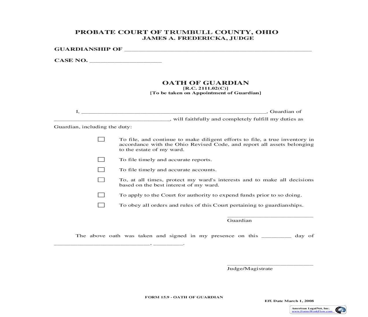 Oath Of Guardian {15.9} | Pdf Fpdf Doc Docx | Ohio