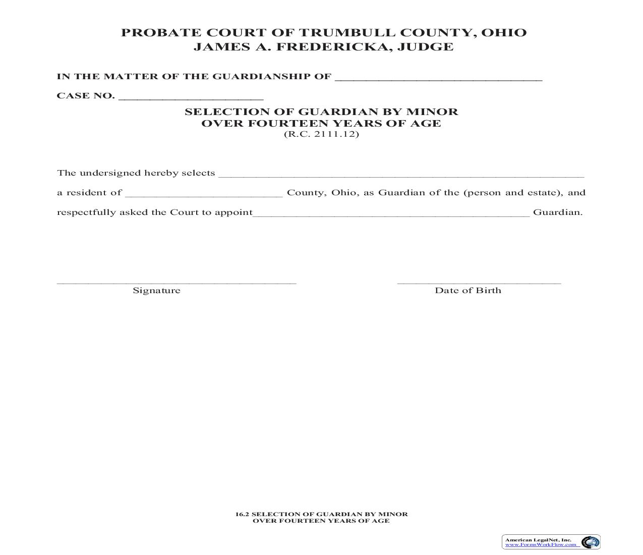 Selection Of Guardian By Minor Over Fourteen Years Of Age {16.2} | Pdf Fpdf Doc Docx | Ohio
