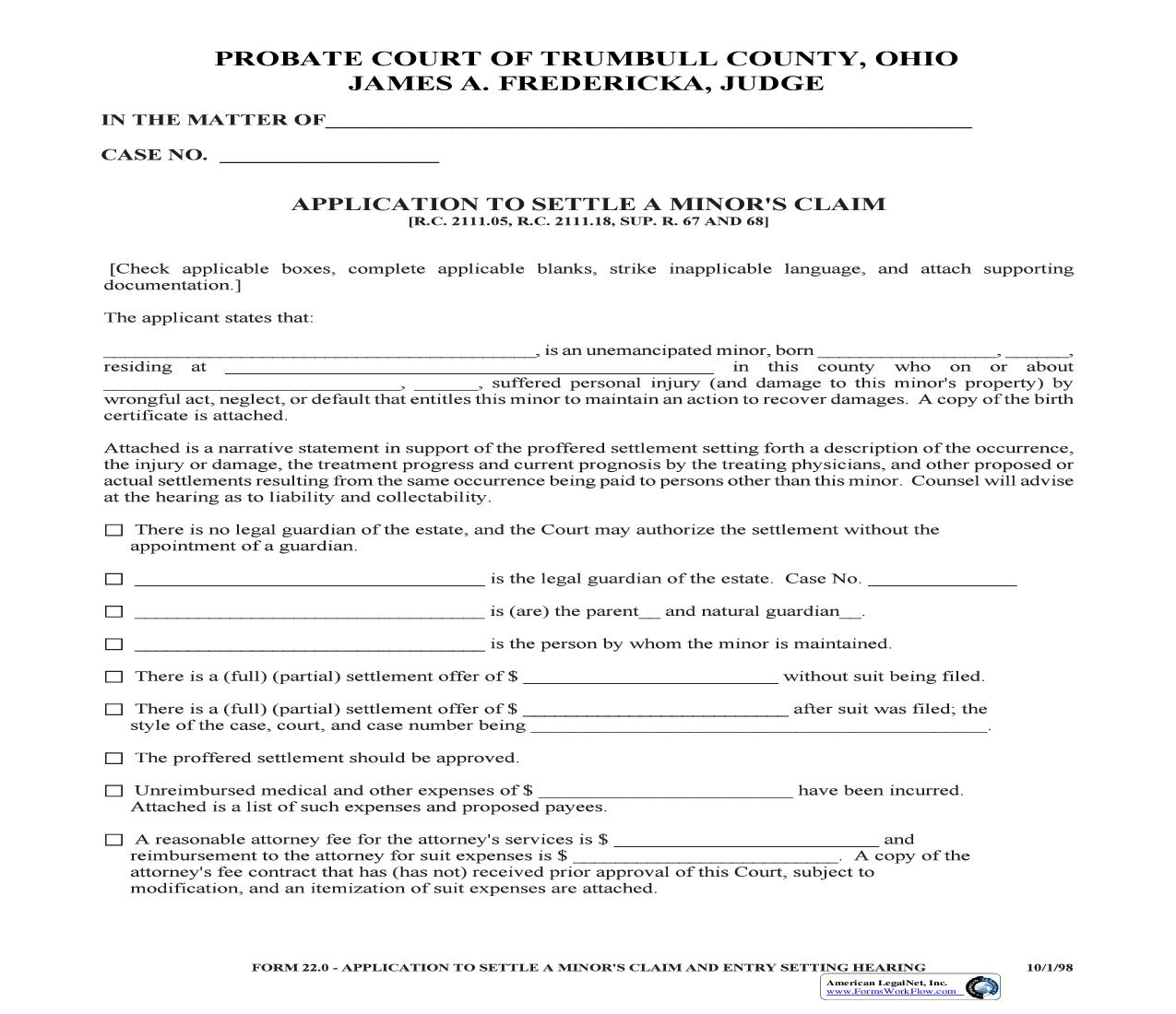 Application To Settle A Minors Claim (Trumbull) {22.0} | Pdf Fpdf Doc Docx | Ohio