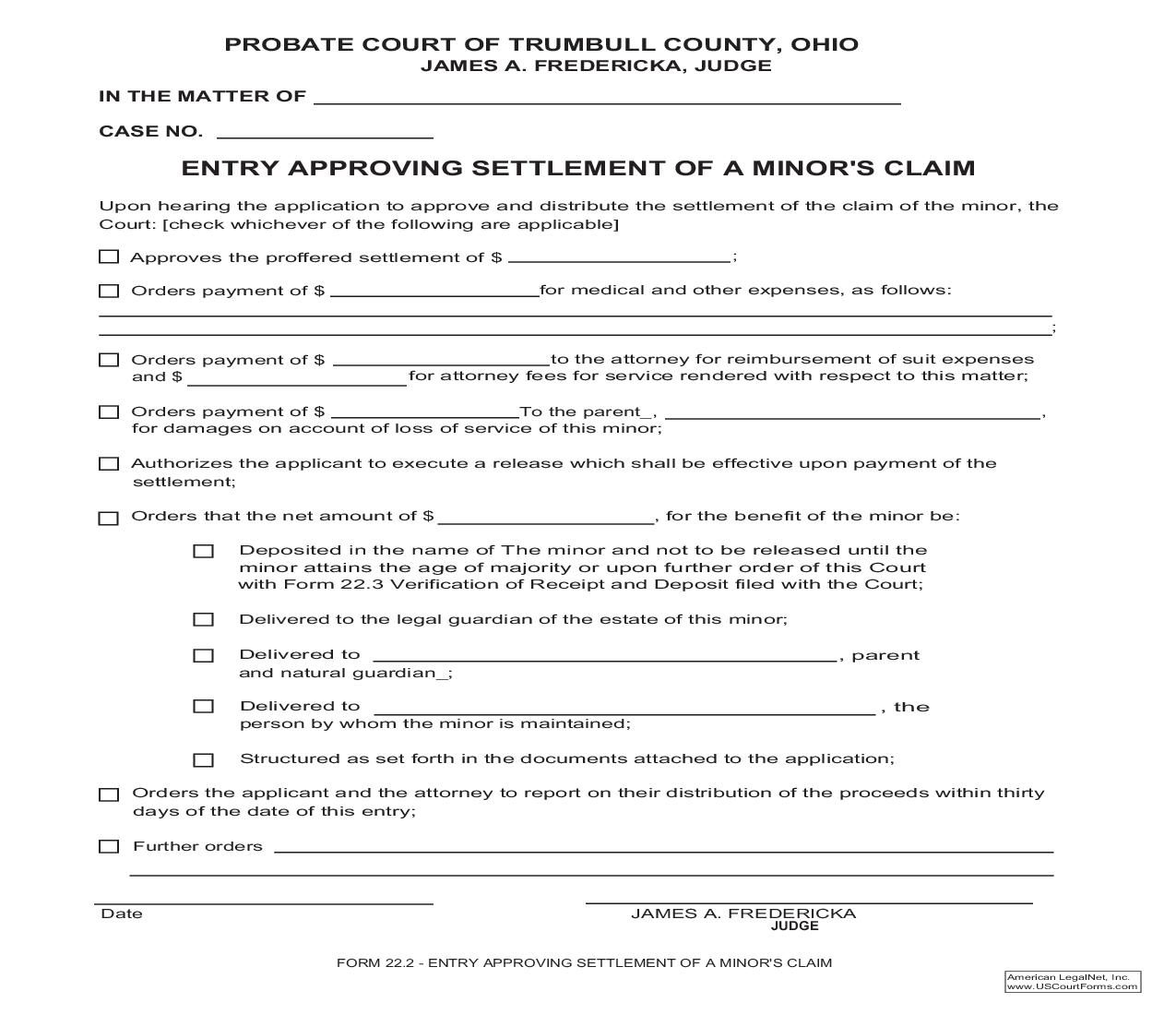 Entry Approving Settlement Of A Minors Claim (Trumbull) {22.2} | Pdf Fpdf Doc Docx | Ohio