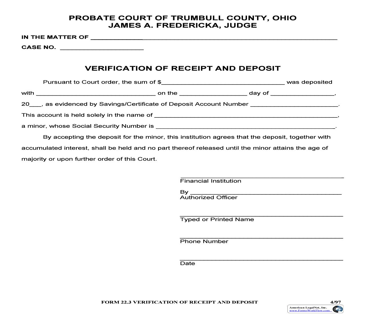 Verification Of Receipt And Deposit {22.3} | Pdf Fpdf Doc Docx | Ohio