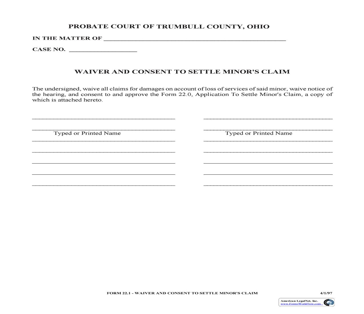 Waiver And Consent To Settle Minors Claim {22.1} | Pdf Fpdf Doc Docx | Ohio