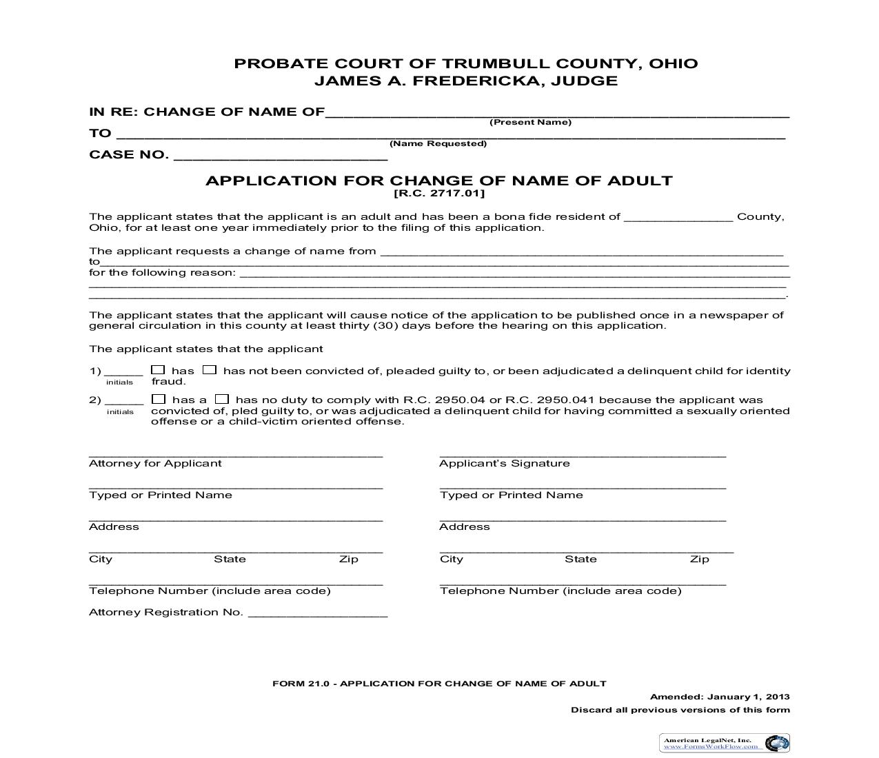 Application For Change Of Name Of Adult (Trumbull) {21.0} | Pdf Fpdf Doc Docx | Ohio