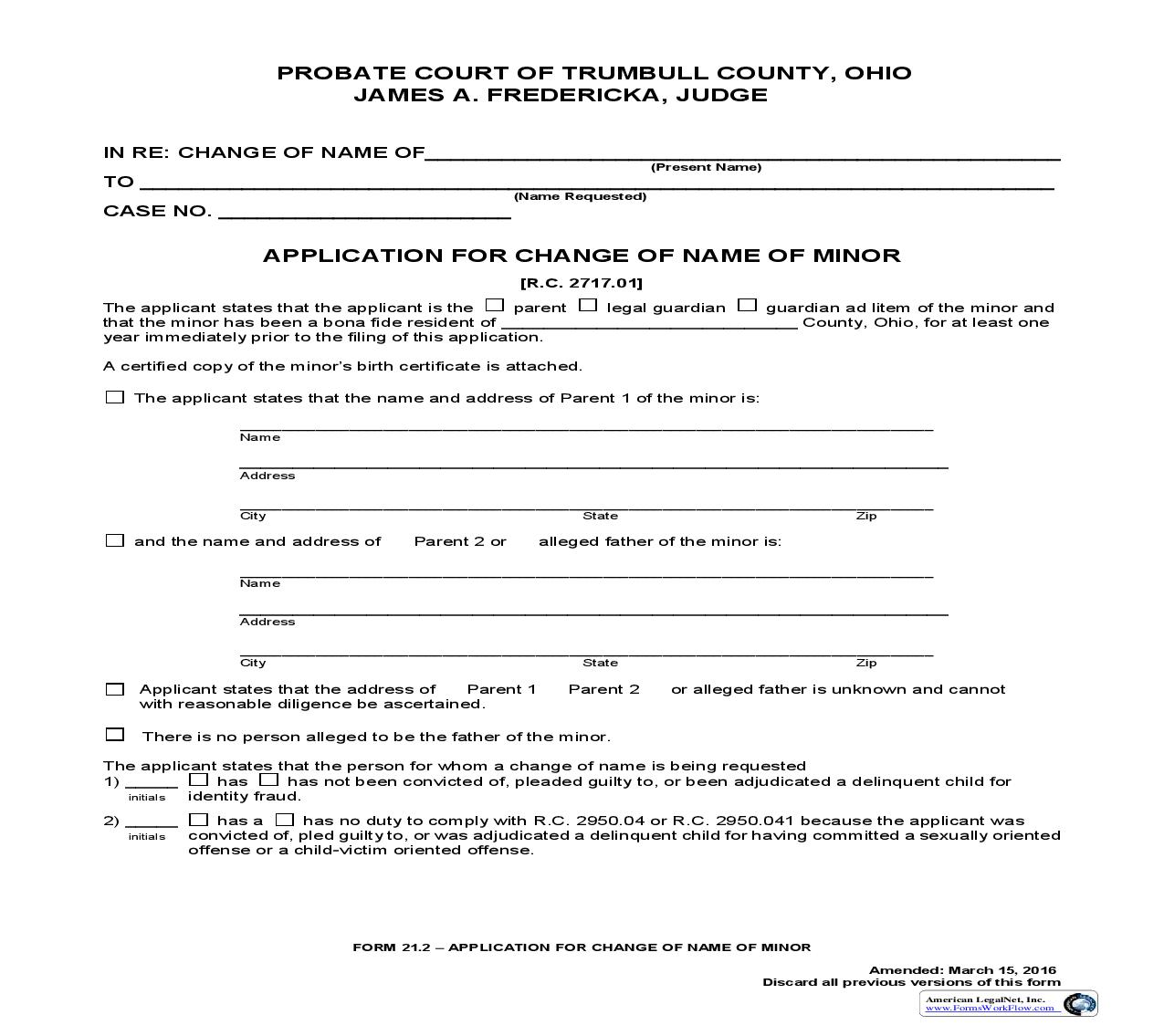 Application For Change Of Name Of Minor (Trumbull) {21.2} | Pdf Fpdf Doc Docx | Ohio