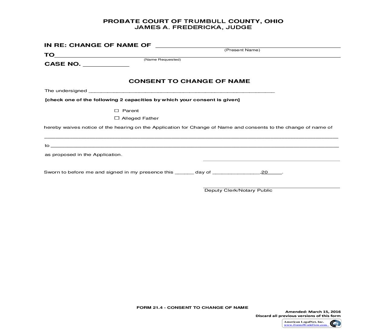 Consent To Change Of Name {21.4} | Pdf Fpdf Doc Docx | Ohio