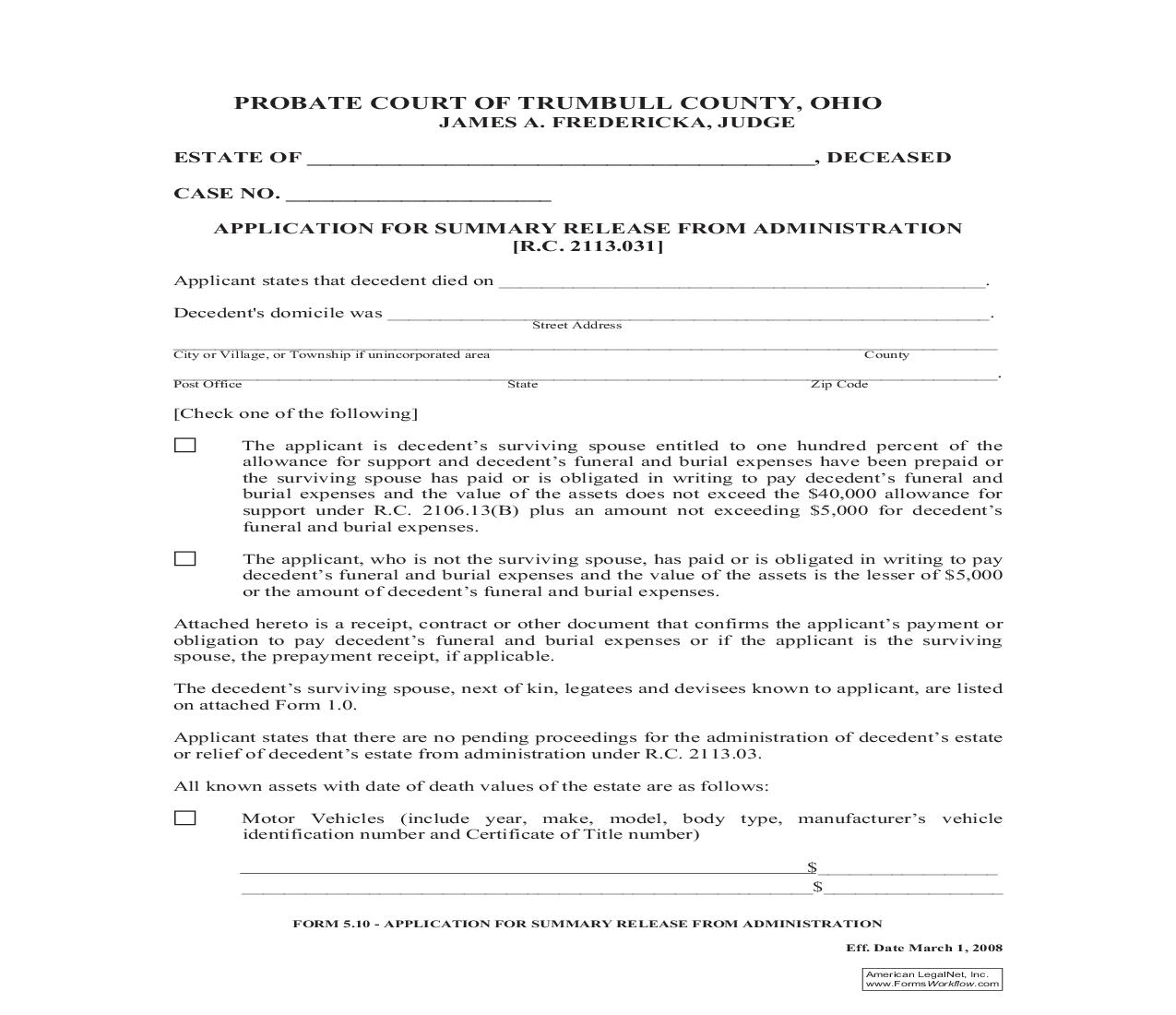 Application For Summary Release From Administration {5.10} | Pdf Fpdf Doc Docx | Ohio