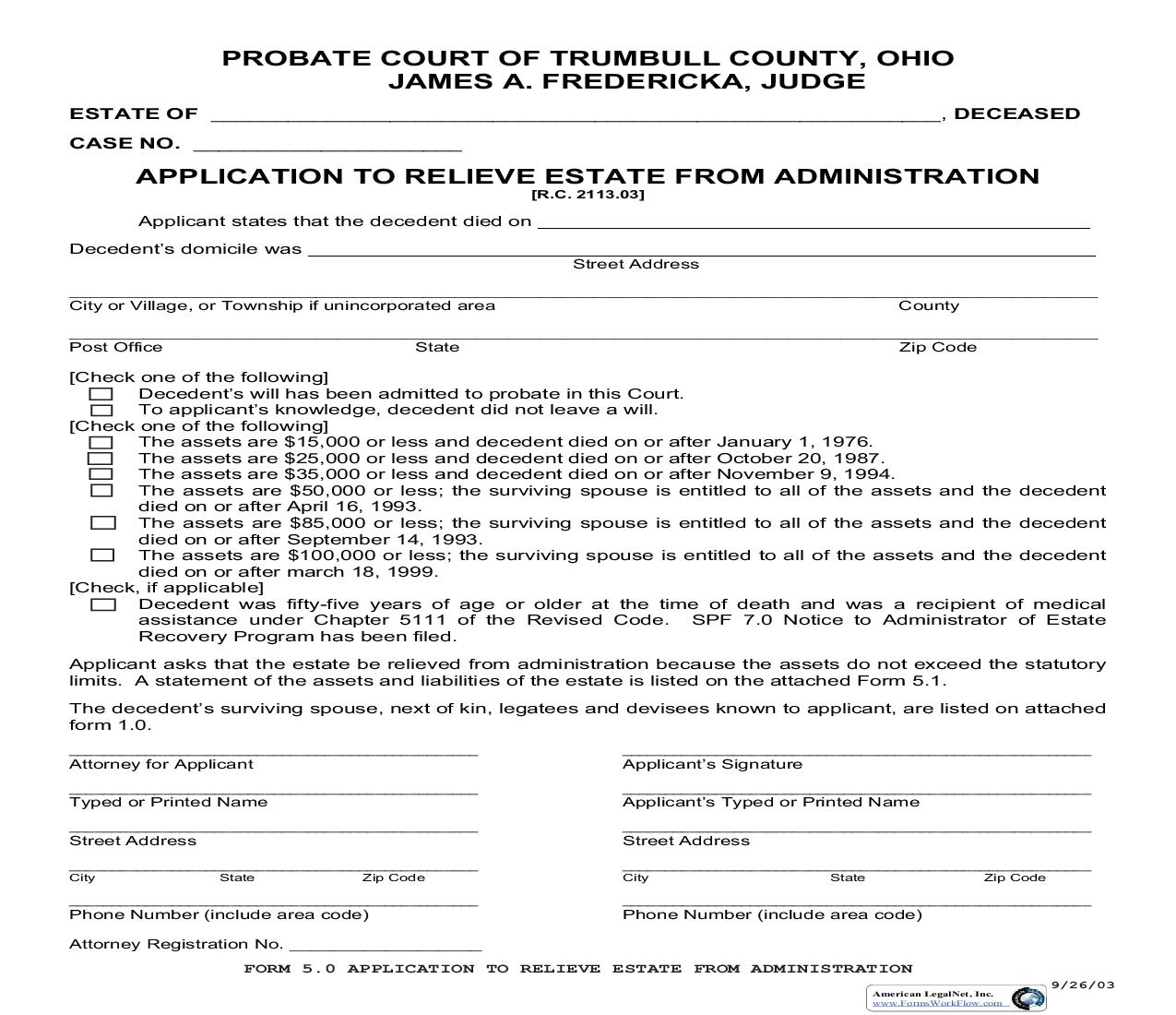 Application To Relieve Estate From Administration (Trumbull) {5.0} | Pdf Fpdf Doc Docx | Ohio