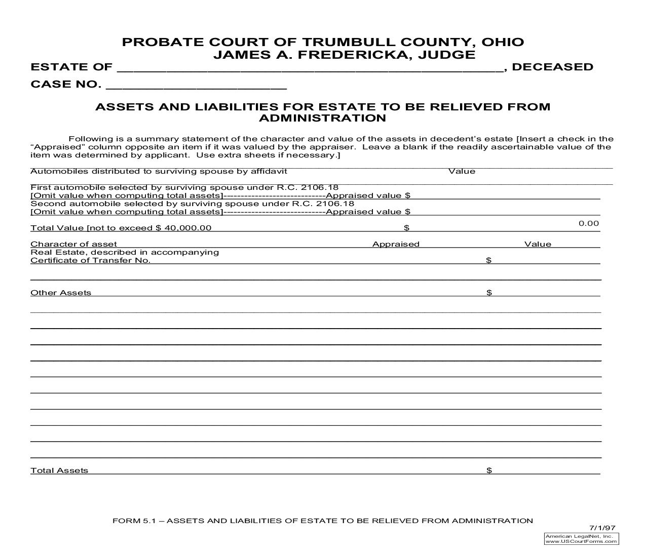 Assets And Liabilities Of Estate To Be Relieved From Administration (Trumbull) {5.1} | Pdf Fpdf Doc Docx | Ohio