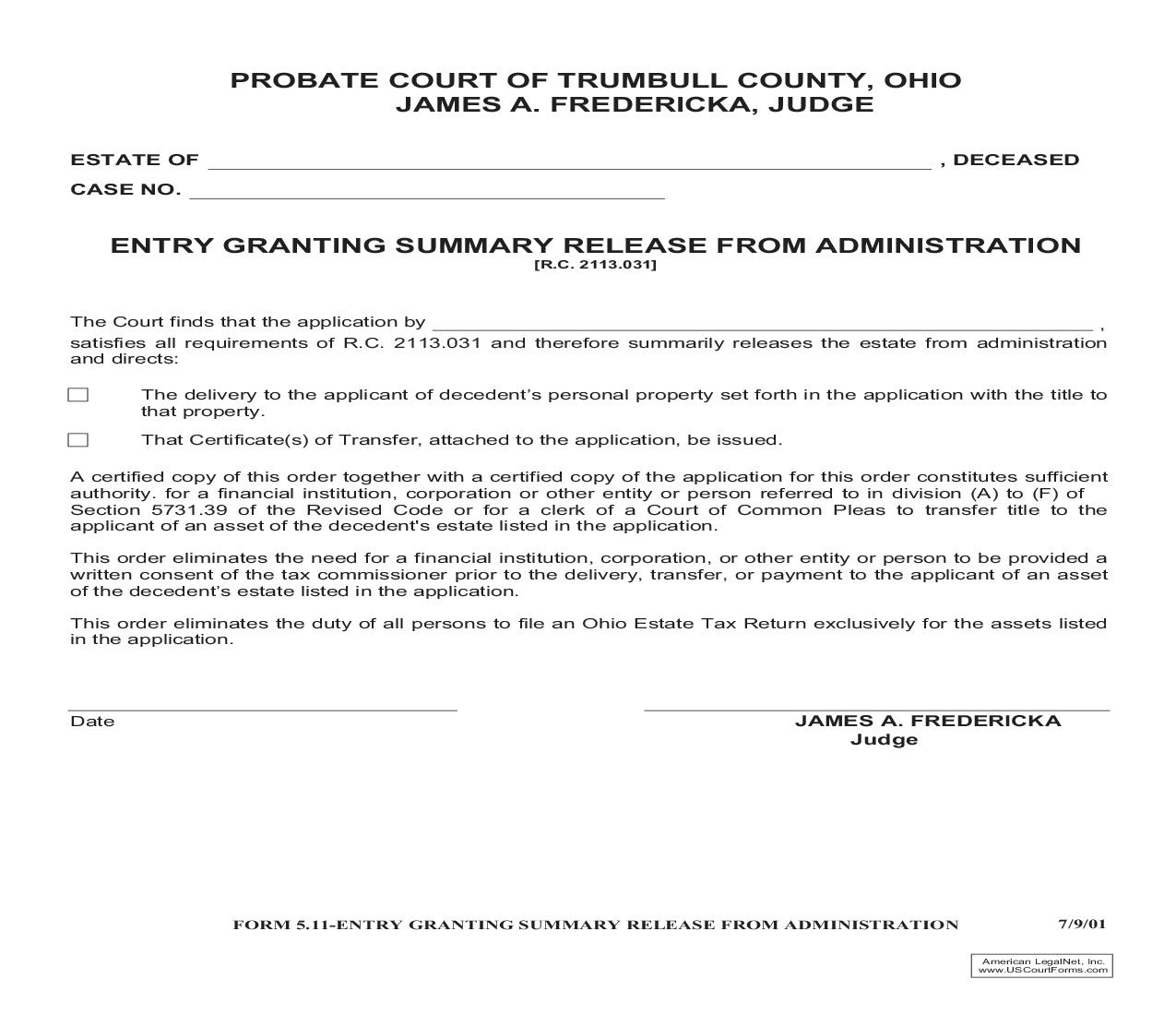 Entry Granting Summary Release From Administration {5.11} | Pdf Fpdf Doc Docx | Ohio
