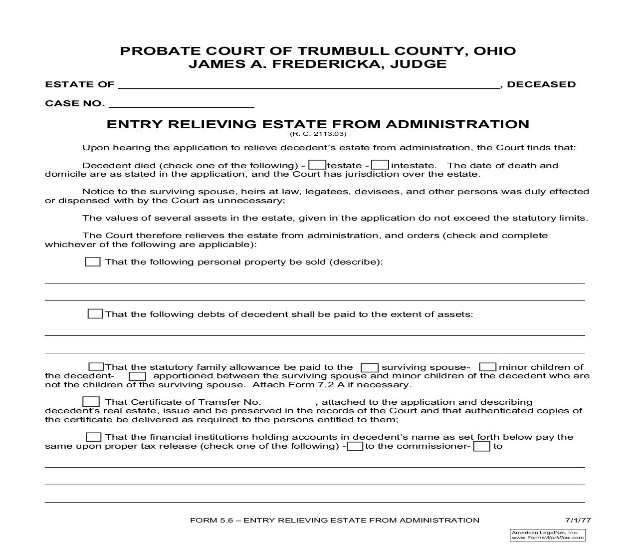 Entry Relieving Estate From Administration (Trumbull) {5.6} | Pdf Fpdf Doc Docx | Ohio
