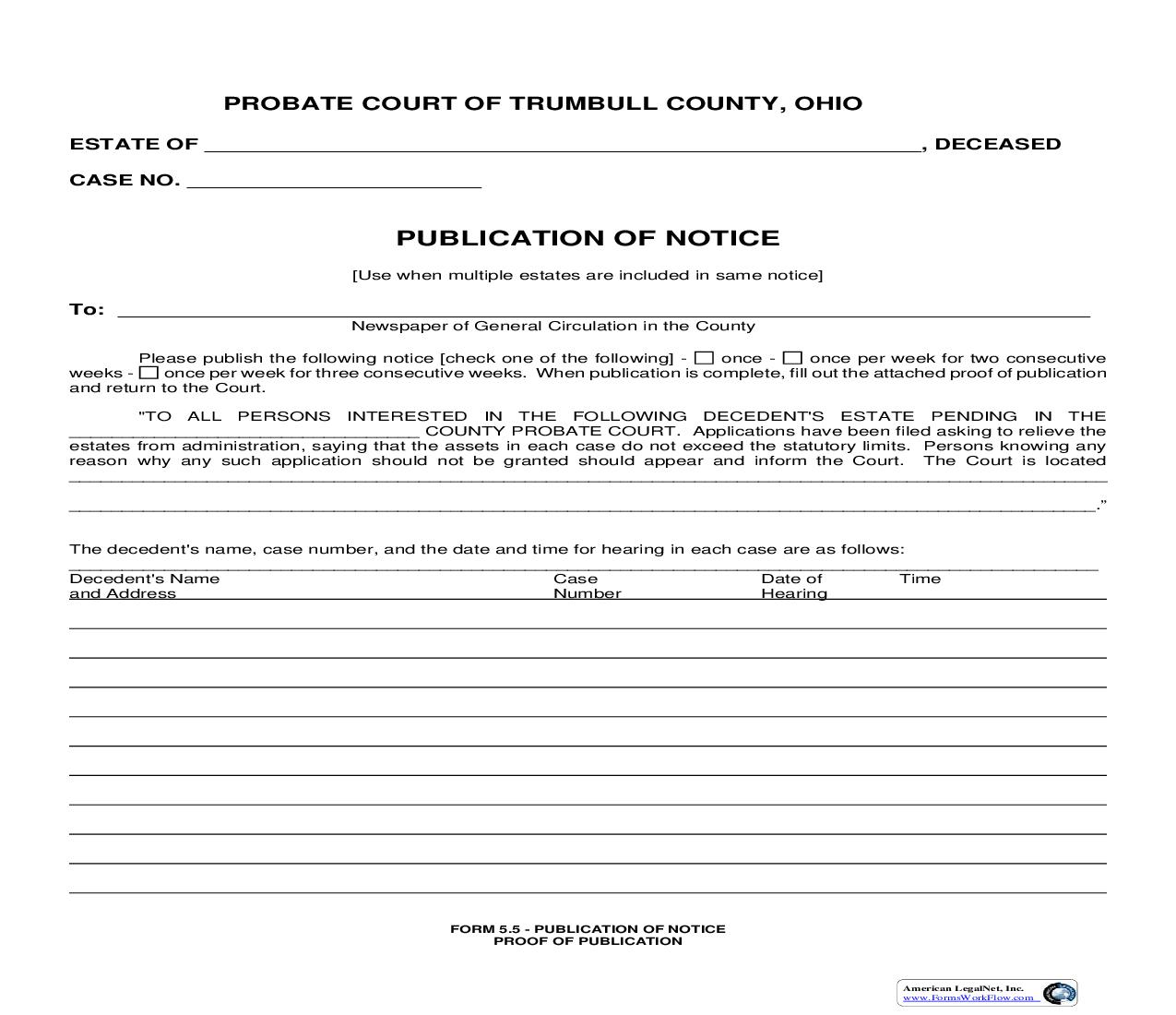 Notice Of Application To Relieve Estate From Administration {5.5} | Pdf Fpdf Doc Docx | Ohio