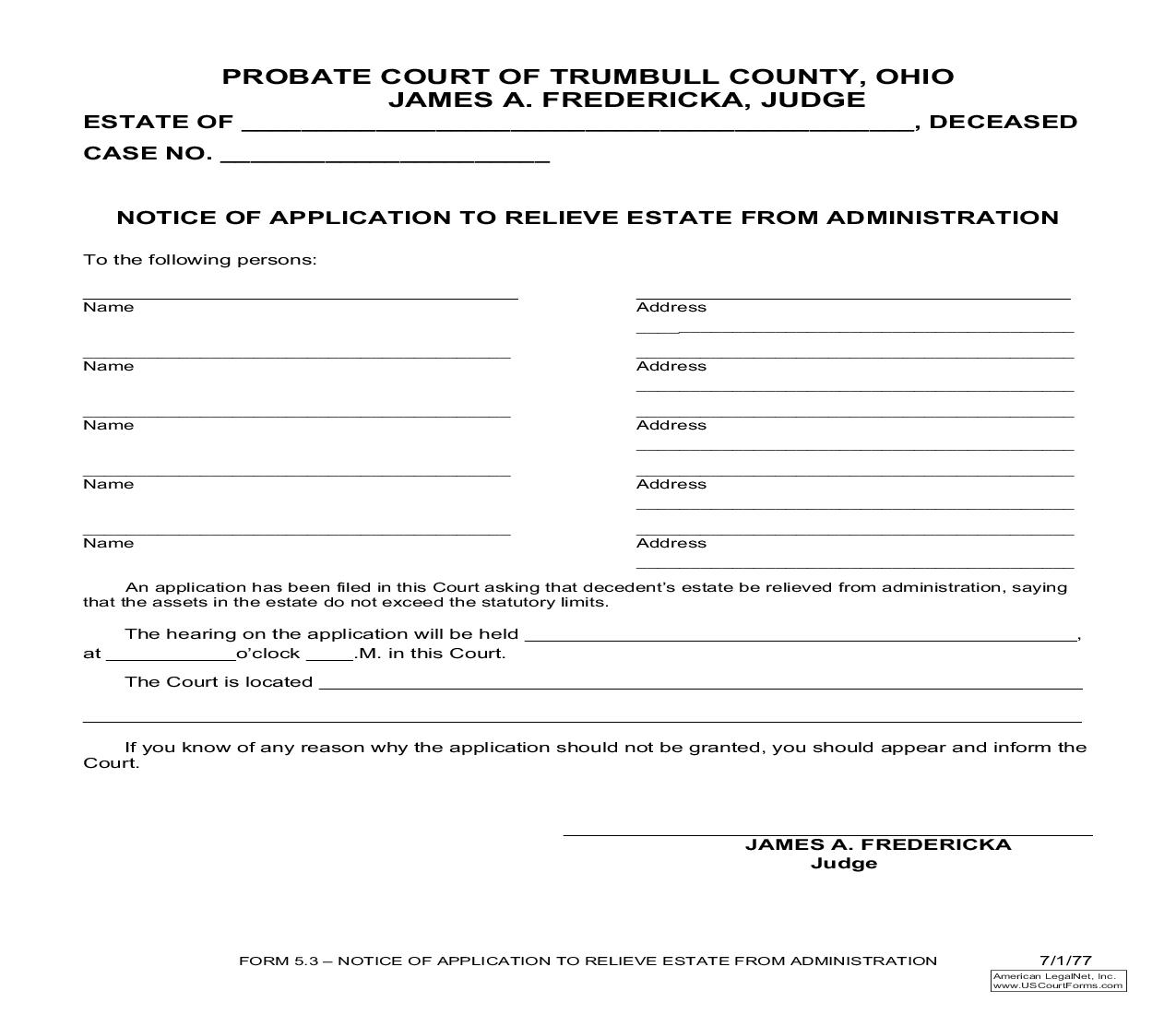 Notice Of Application To Relieve Estate From Administration (Trumbull) {5.3} | Pdf Fpdf Doc Docx | Ohio