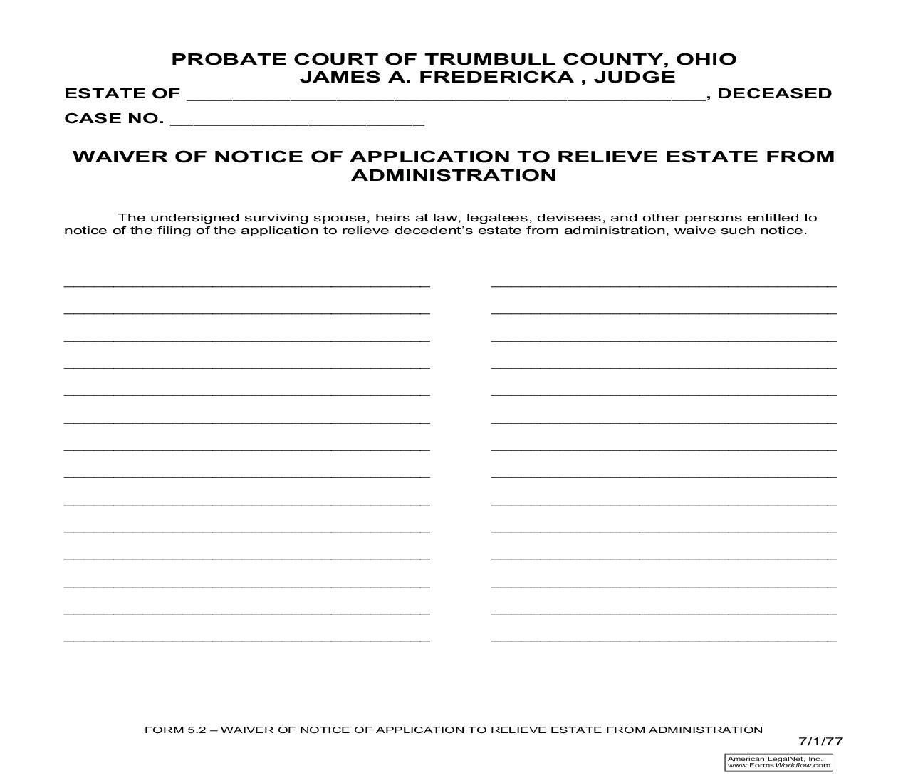 Waiver Of Notice Of Application To Relieve Estate From Administration {5.2} | Pdf Fpdf Doc Docx | Ohio
