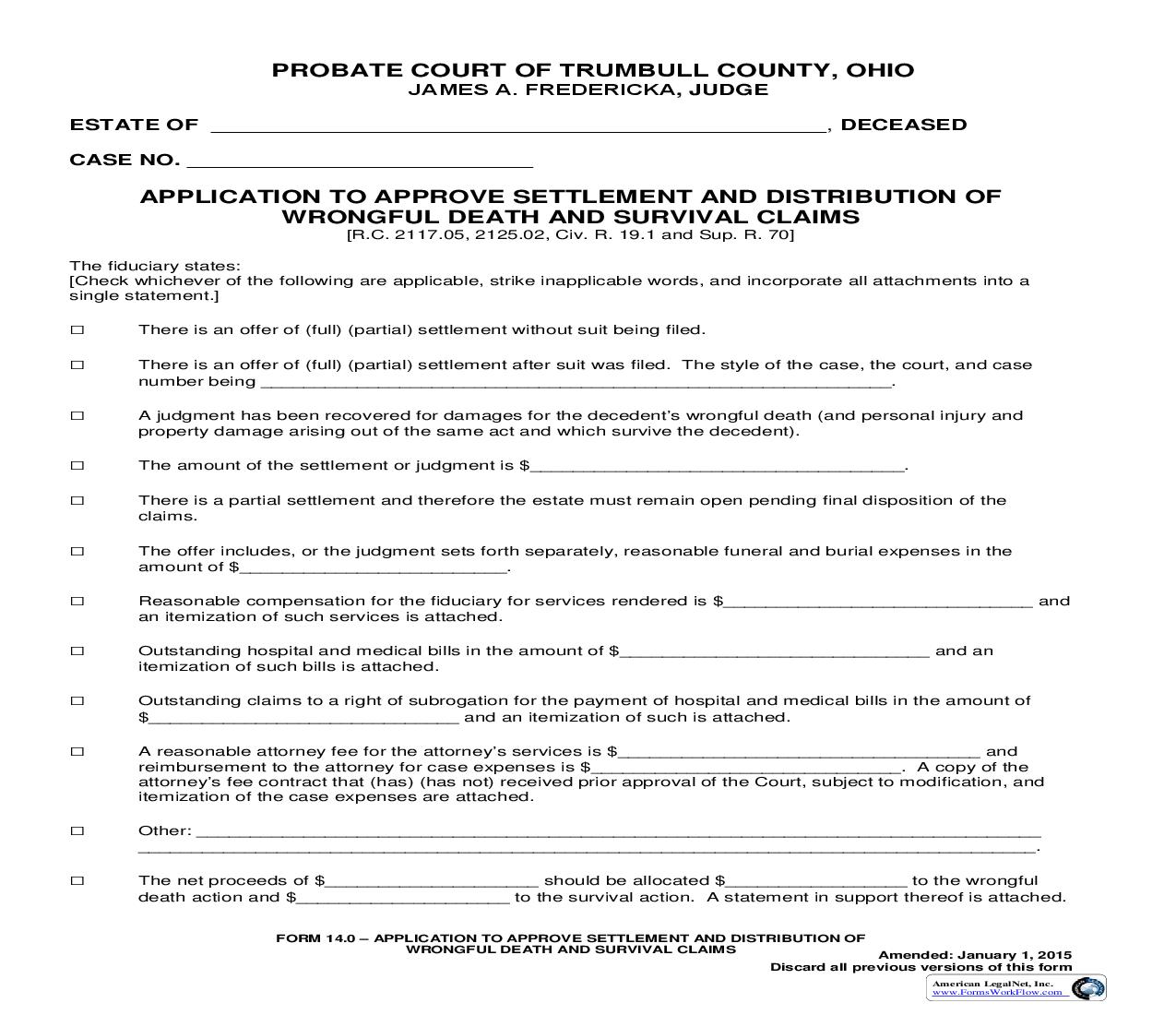 Application To Approve Settlement And Distribution Of Wrongful Death (Trumbull) {14.0} | Pdf Fpdf Doc Docx | Ohio
