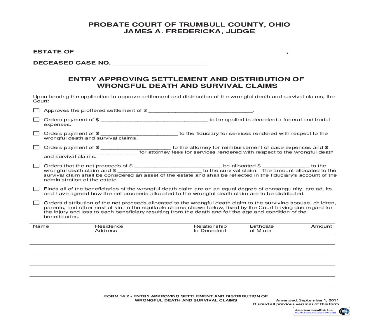 Entry Approving Settlement And Distribution Of Wrongful Death (Trumbull) {14.2} | Pdf Fpdf Doc Docx | Ohio