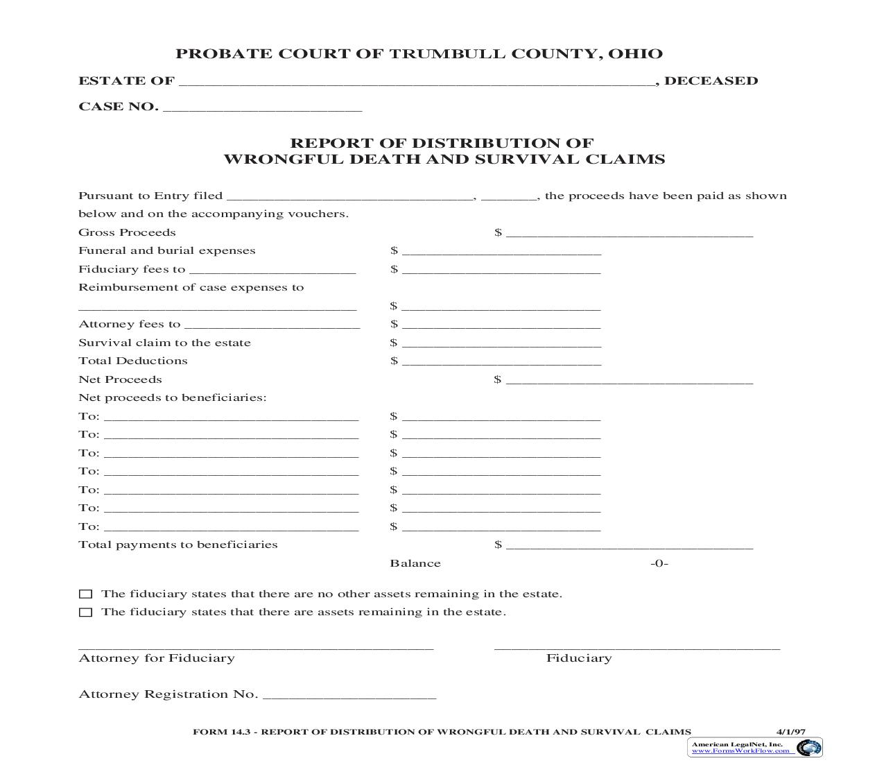 Report Of Distribution Of Wrongful Death And Survival Claims {14.3} | Pdf Fpdf Doc Docx | Ohio