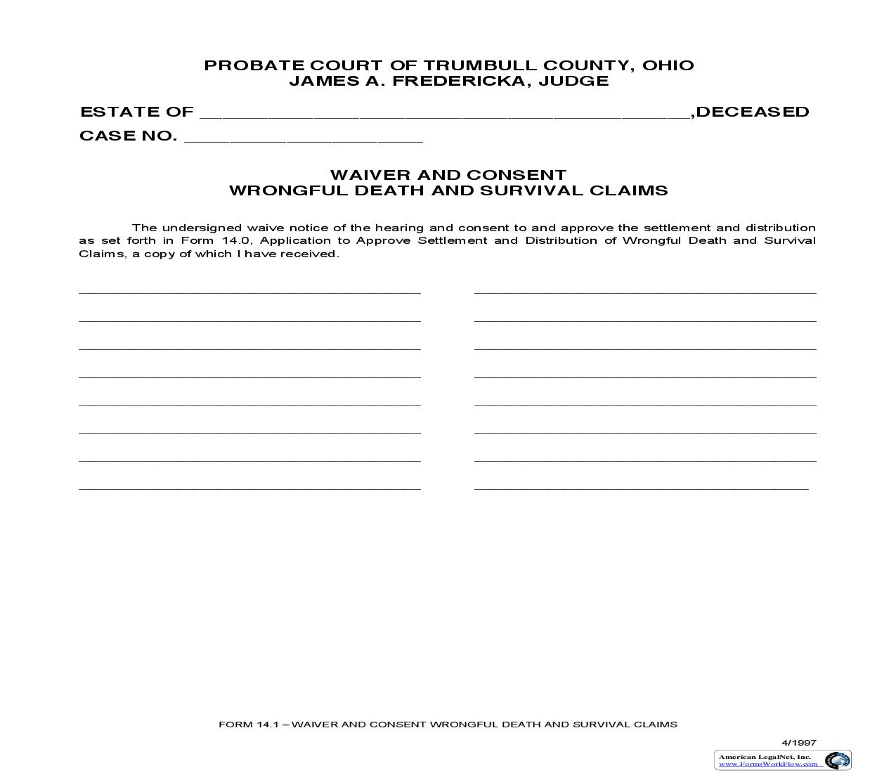 Waiver And Consent Wrongful Death And Survival Claims {14.1} | Pdf Fpdf Doc Docx | Ohio