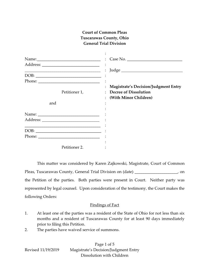 Decree Of Dissolution With Minor Children | Pdf Fpdf Doc Docx | Ohio