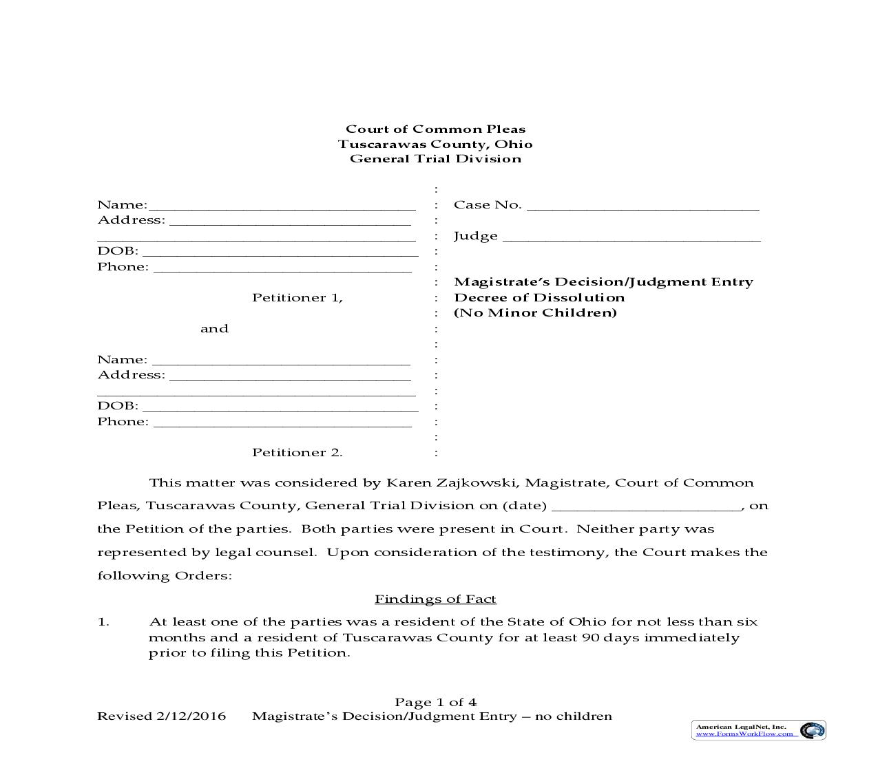 Decree Of Dissolution Without Minor Children | Pdf Fpdf Doc Docx | Ohio