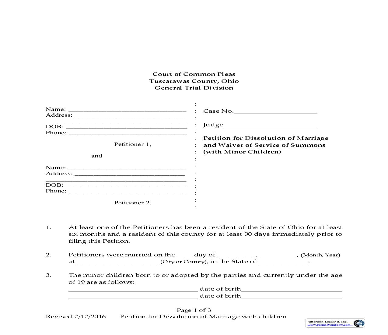 Petition For Dissolution Of Marriage With Minor Children | Pdf Fpdf Doc Docx | Ohio