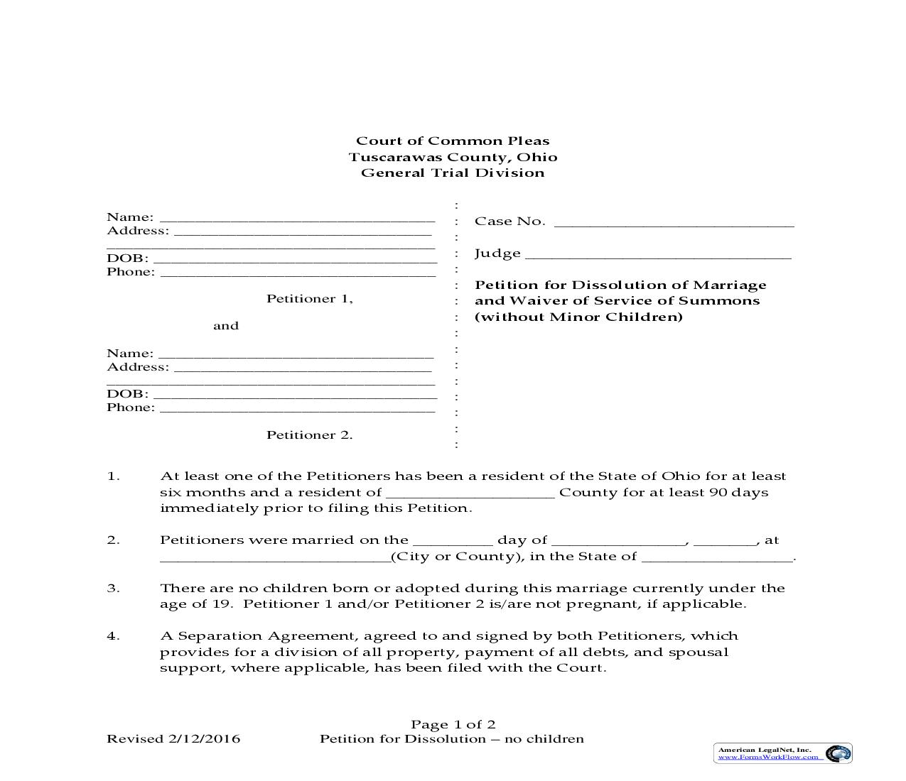 Petition For Dissolution Of Marriage Without Minor Children | Pdf Fpdf Doc Docx | Ohio