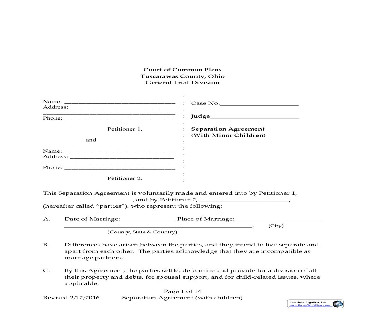 Separation Agreement With Minor Children | Pdf Fpdf Doc Docx | Ohio
