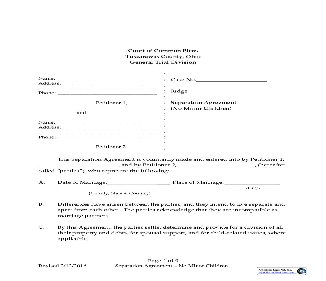 Separation Agreement Without Minor Children | Pdf Fpdf Doc Docx | Ohio