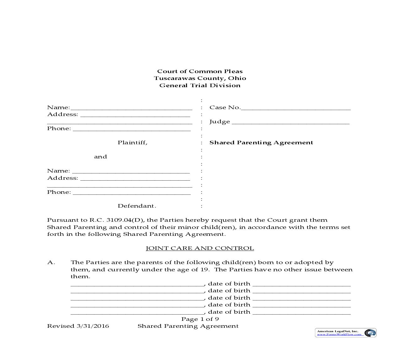 Shared Parenting Plan | Pdf Fpdf Doc Docx | Ohio