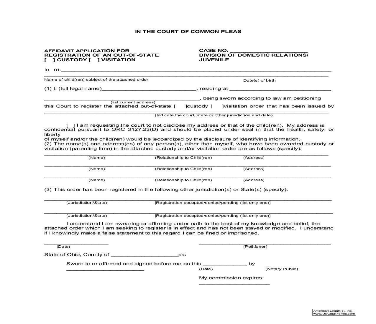 Affidavit Application For Registration Of An Out Of State Custody Visitation | Pdf Fpdf Doc Docx | Ohio