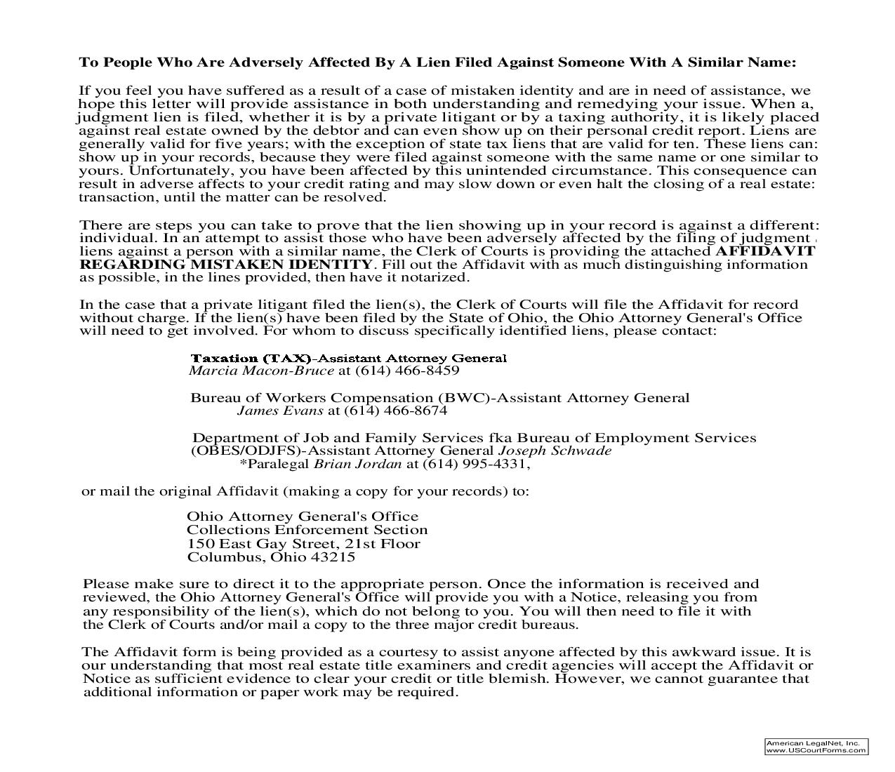 Affidavit Regarding Mistaken Identity | Pdf Fpdf Doc Docx | Ohio