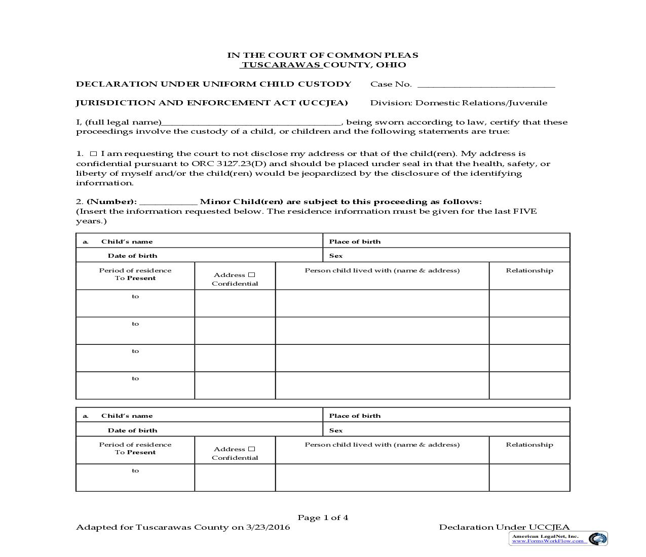 Declaration Under Uniform Child Custody Jurisdiction And Enforcement Act | Pdf Fpdf Doc Docx | Ohio