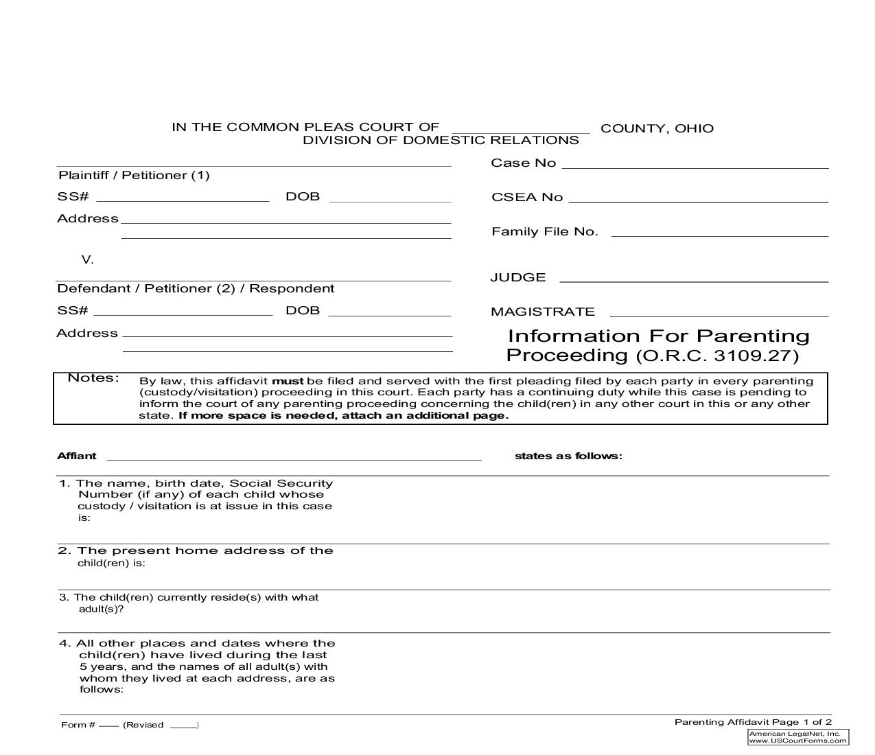 Information For Parenting Proceeding (ORC 3109.27) | Pdf Fpdf Doc Docx | Ohio