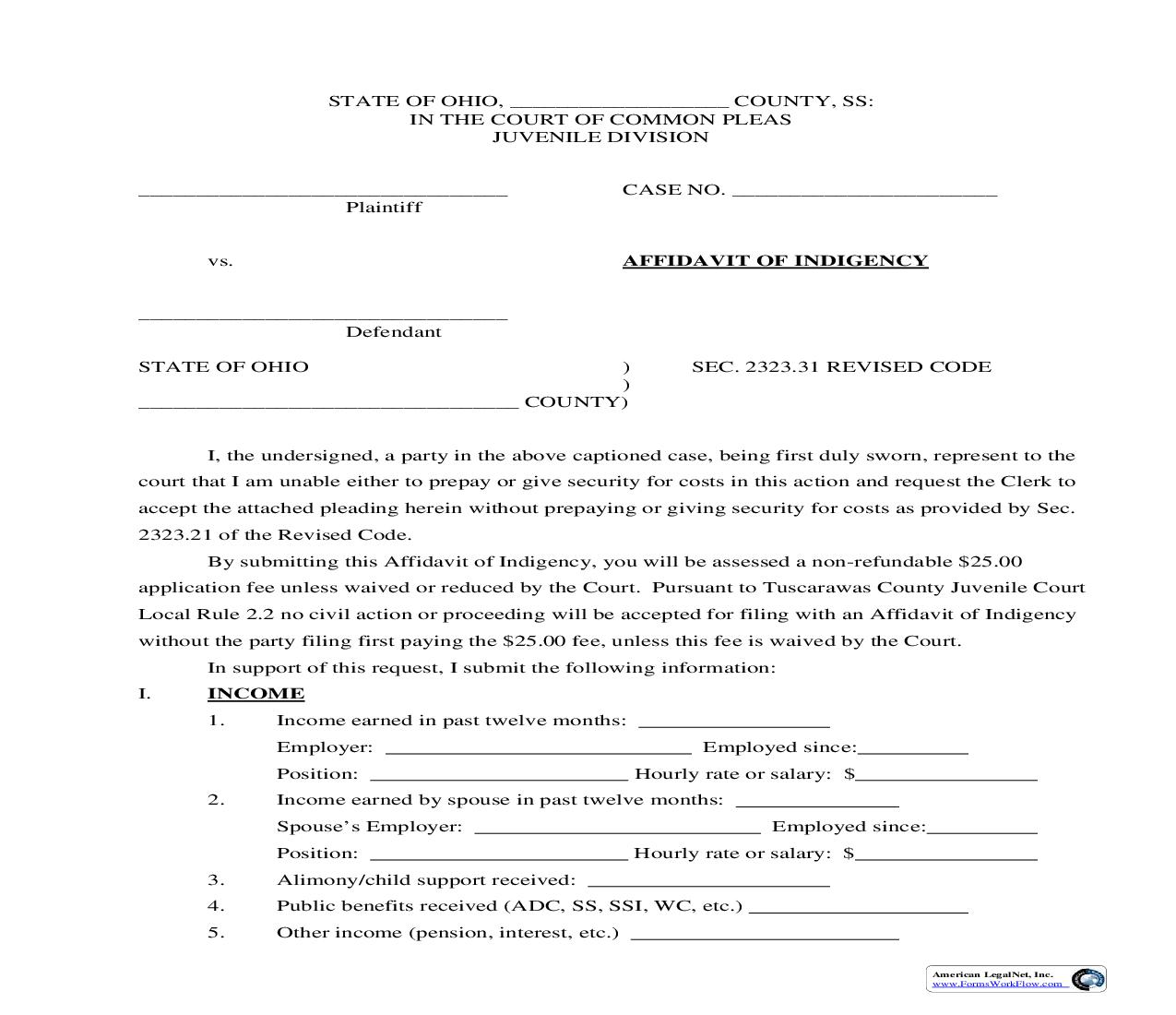 Affidavit Of Indigency | Pdf Fpdf Doc Docx | Ohio