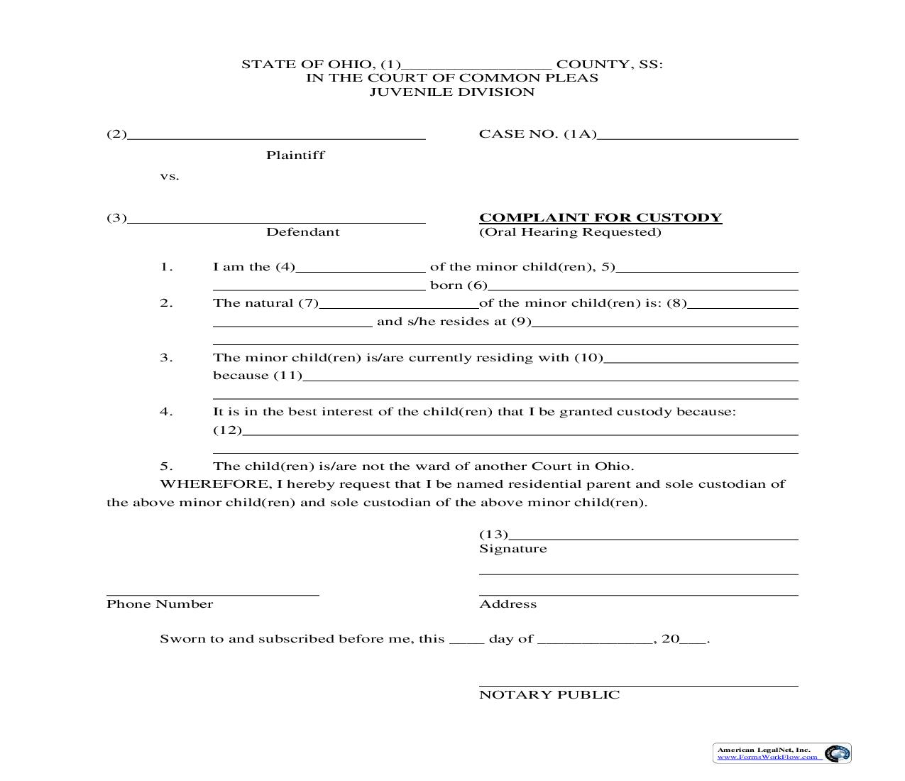 Complaint For Custody | Pdf Fpdf Doc Docx | Ohio