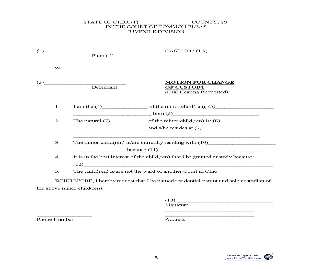 Motion For Change Of Custody | Pdf Fpdf Doc Docx | Ohio