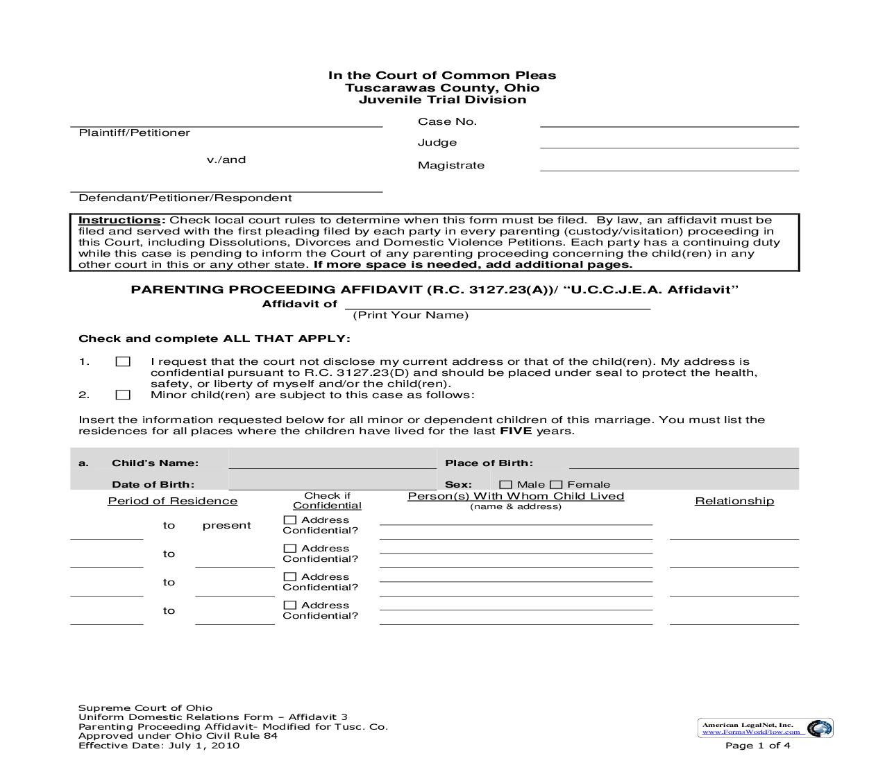 Parenting Proceeding Affidavit | Pdf Fpdf Doc Docx | Ohio