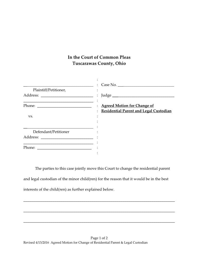 Agreed Motion For Change Of Residential Parent And Legal Custodian | Pdf Fpdf Doc Docx | Ohio