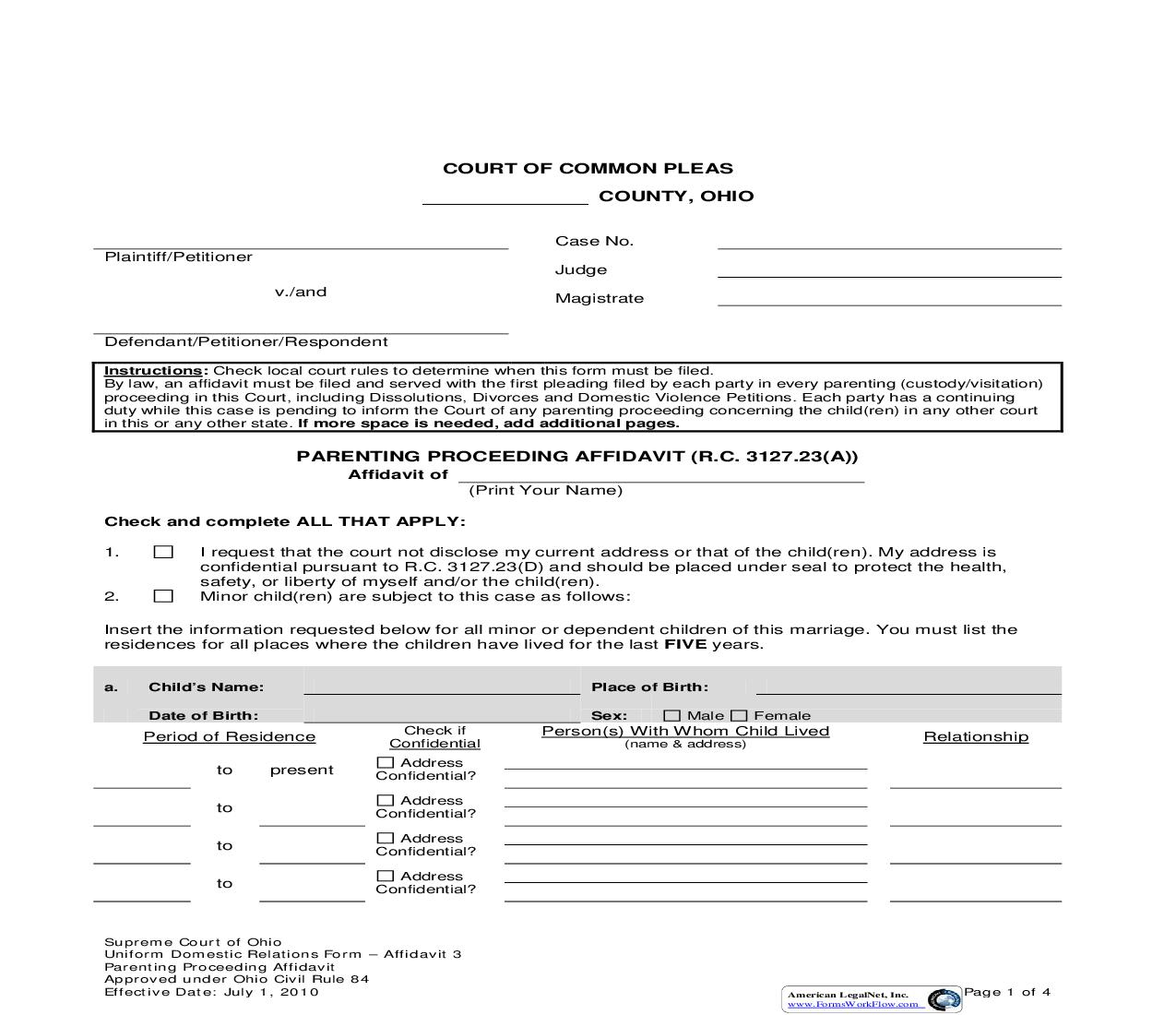 Parenting Proceeding Affidavit | Pdf Fpdf Doc Docx | Ohio