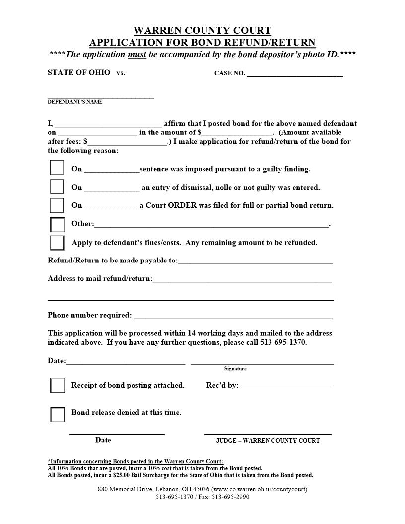 Application For Bond Refund Or Return | Pdf Fpdf Doc Docx | Ohio
