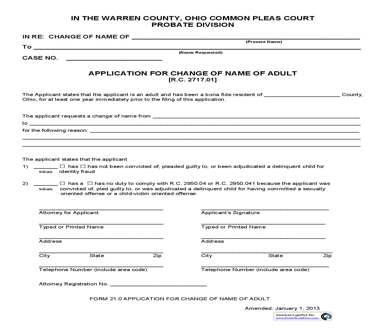 Application For Change Of Name Of Adult | Pdf Fpdf Doc Docx | Ohio