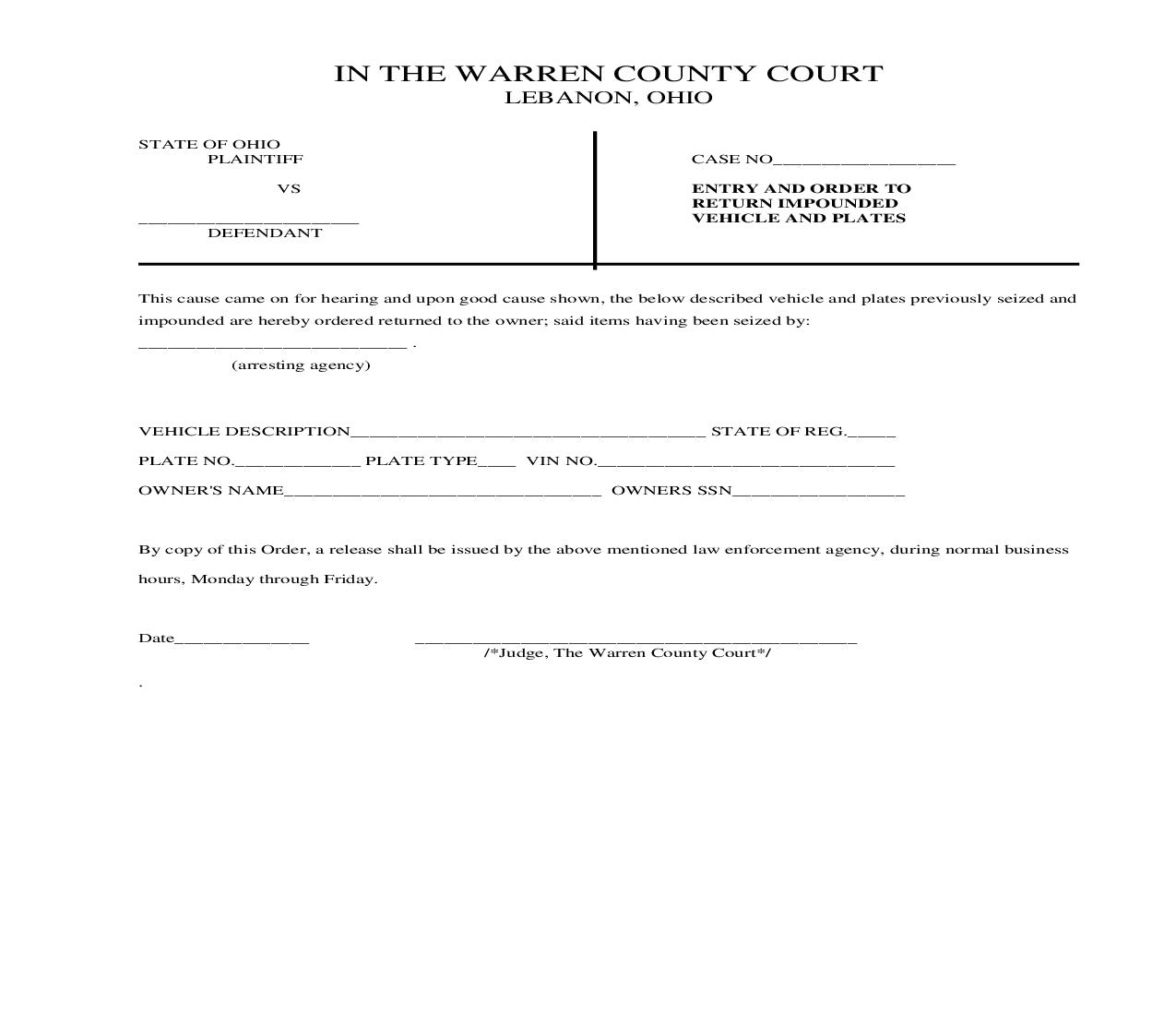 Entry And Order To Return Impounded Vehicle And Plates | Pdf Fpdf Doc Docx | Ohio