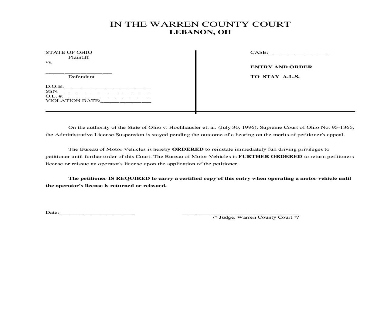 Entry And Order To Stay Administrative License Suspension | Pdf Fpdf Doc Docx | Ohio