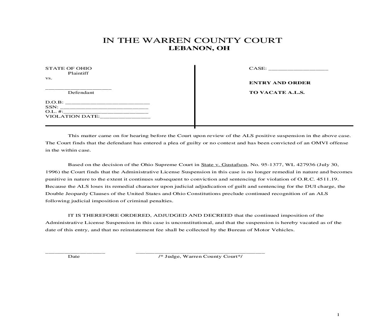 Entry And Order To Vacate Administrative License Suspension | Pdf Fpdf Doc Docx | Ohio