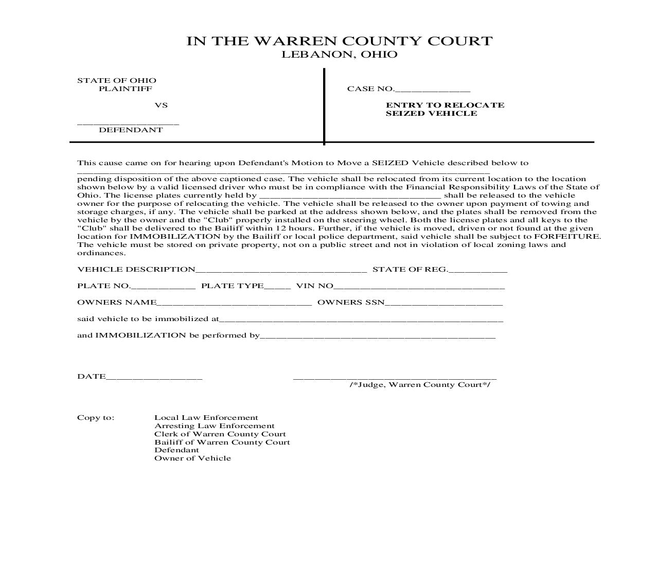 Entry To Relocate Seized Vehicle | Pdf Fpdf Doc Docx | Ohio