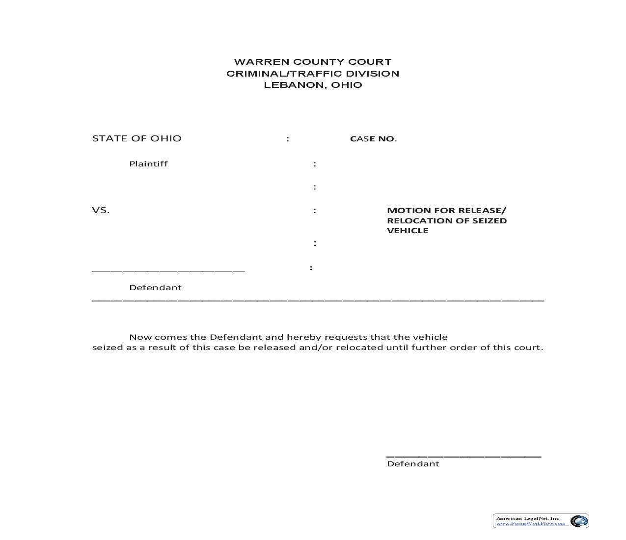Motion For Release Or Relocation Of Seized Vehicle | Pdf Fpdf Doc Docx | Ohio