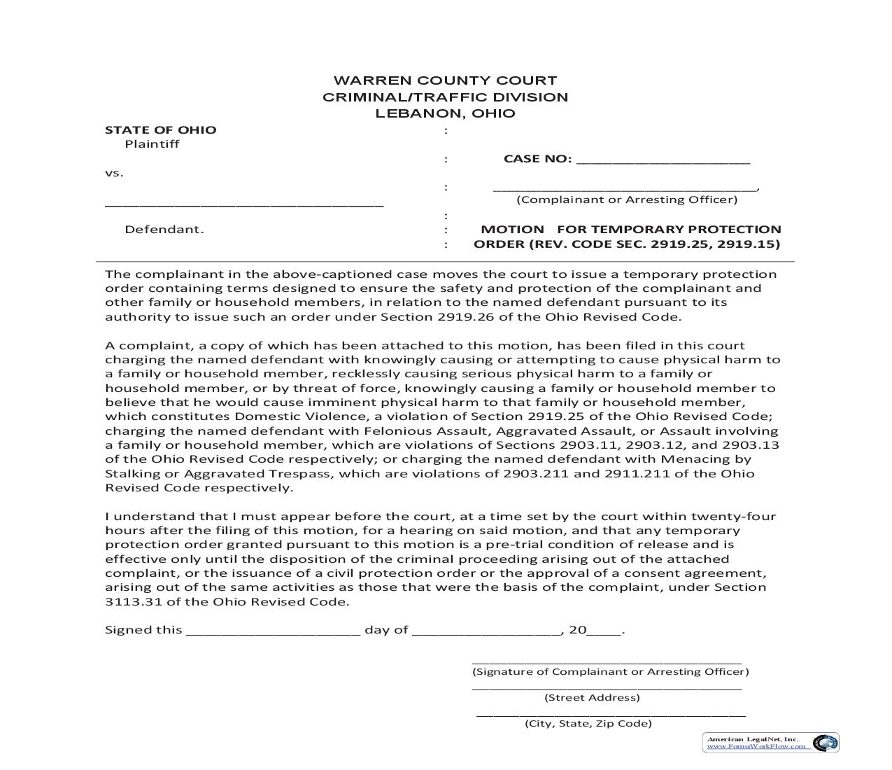 Motion For Temporary Protection Order | Pdf Fpdf Doc Docx | Ohio