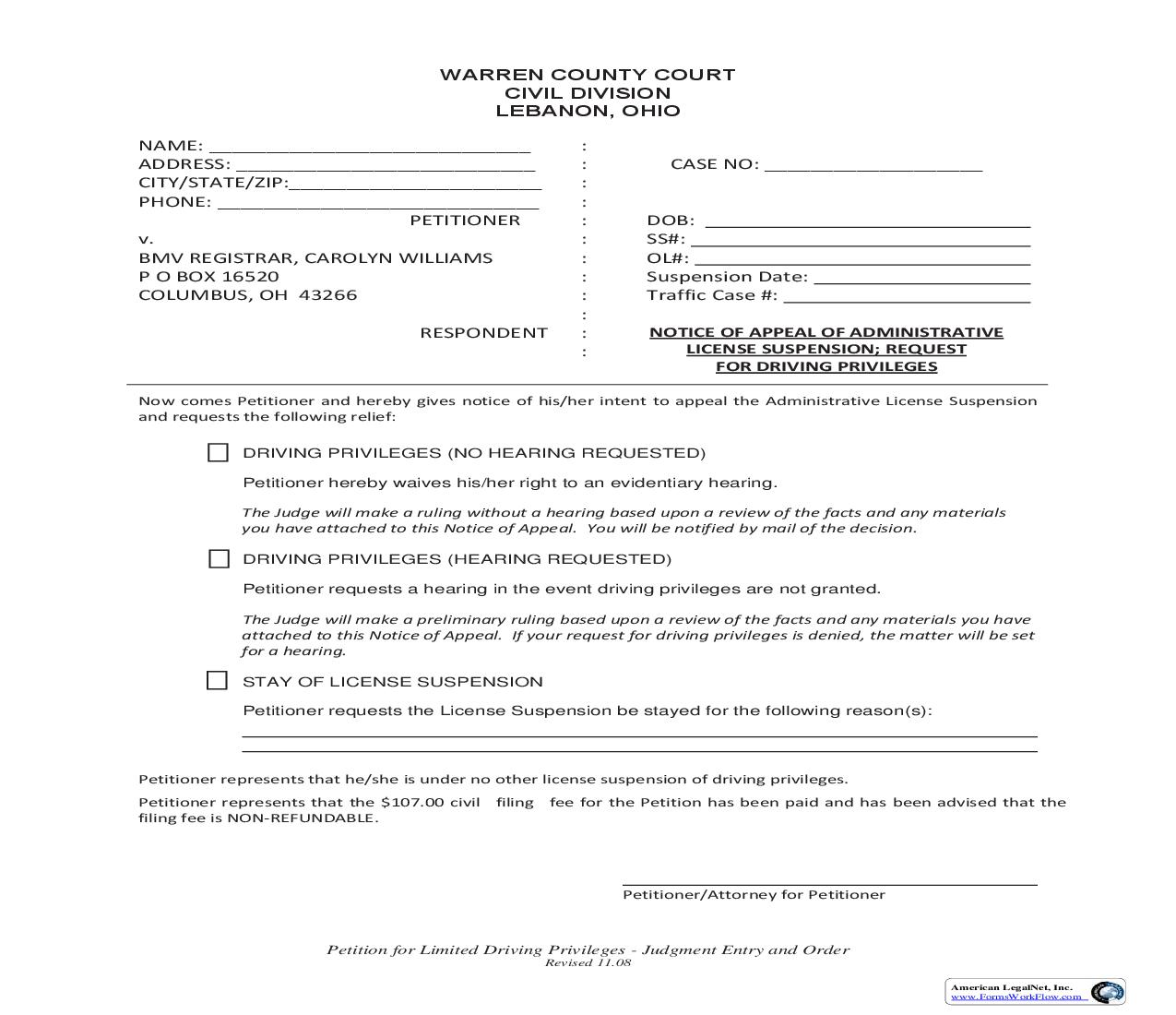 Notice Of Appeal Of Administrative License Suspension Reuqest For Driving Privileges | Pdf Fpdf Doc Docx | Ohio