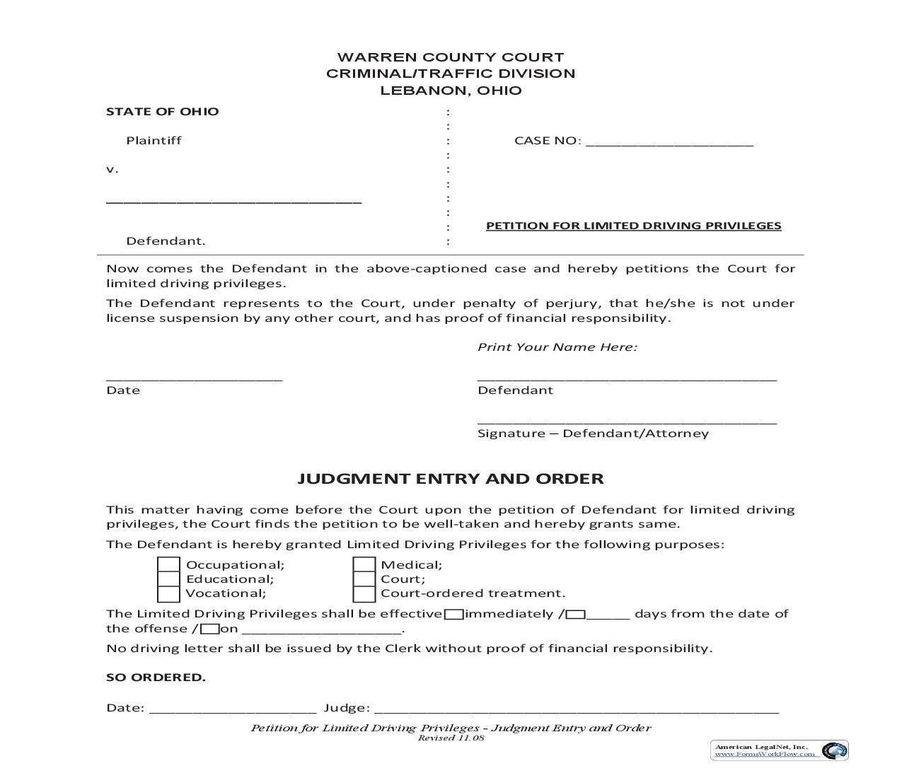 Petition For Limted Driving Privileges | Pdf Fpdf Doc Docx | Ohio